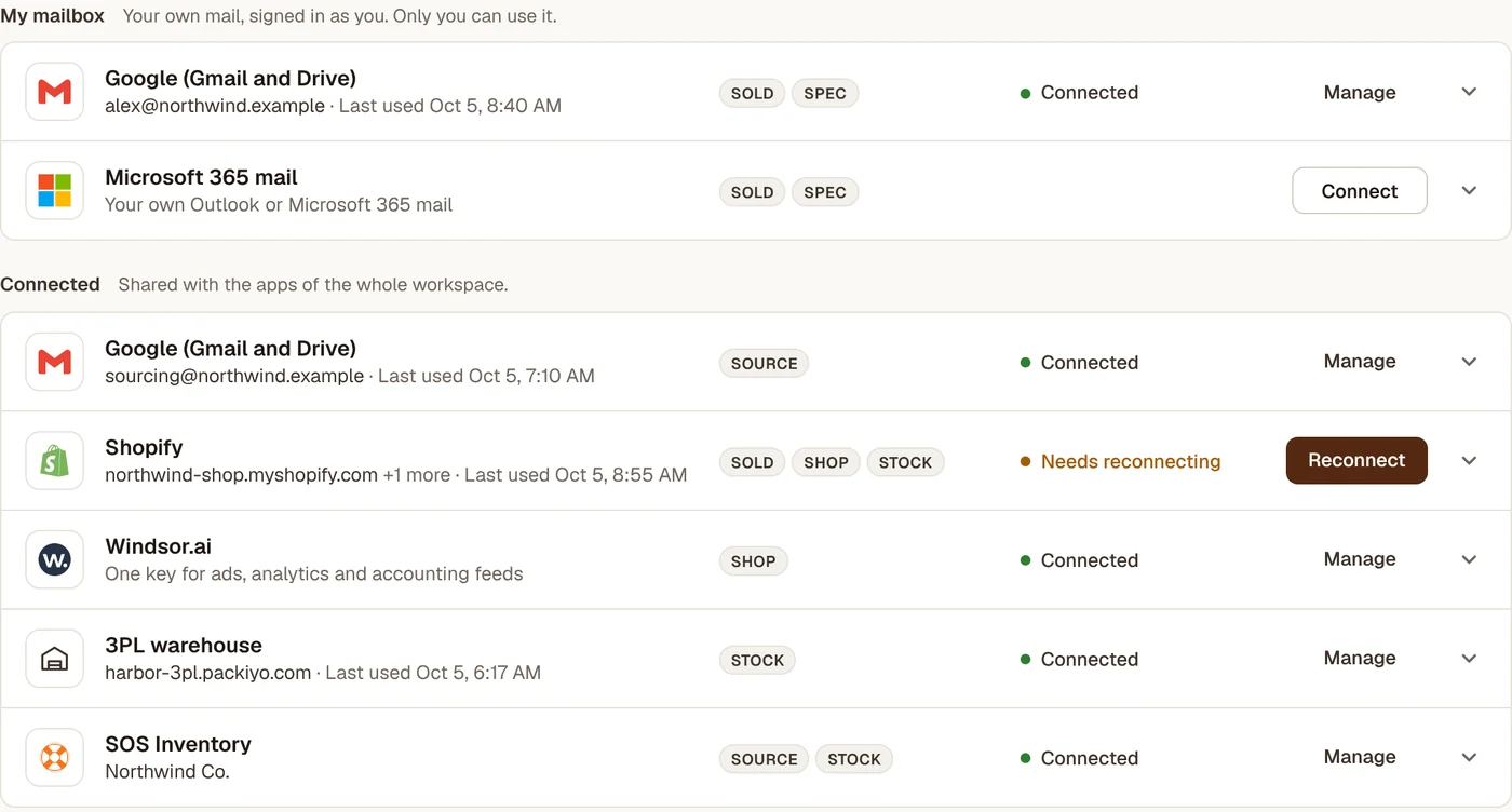 Connections in a sample workspace, each service with the apps that use it