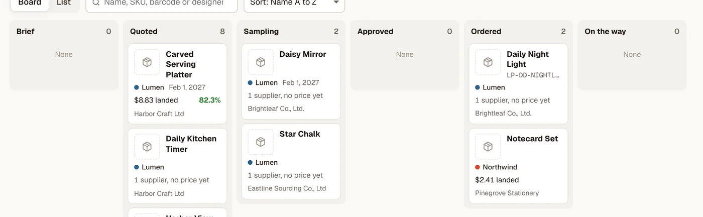 SOURCE product board with landed cost, sample company